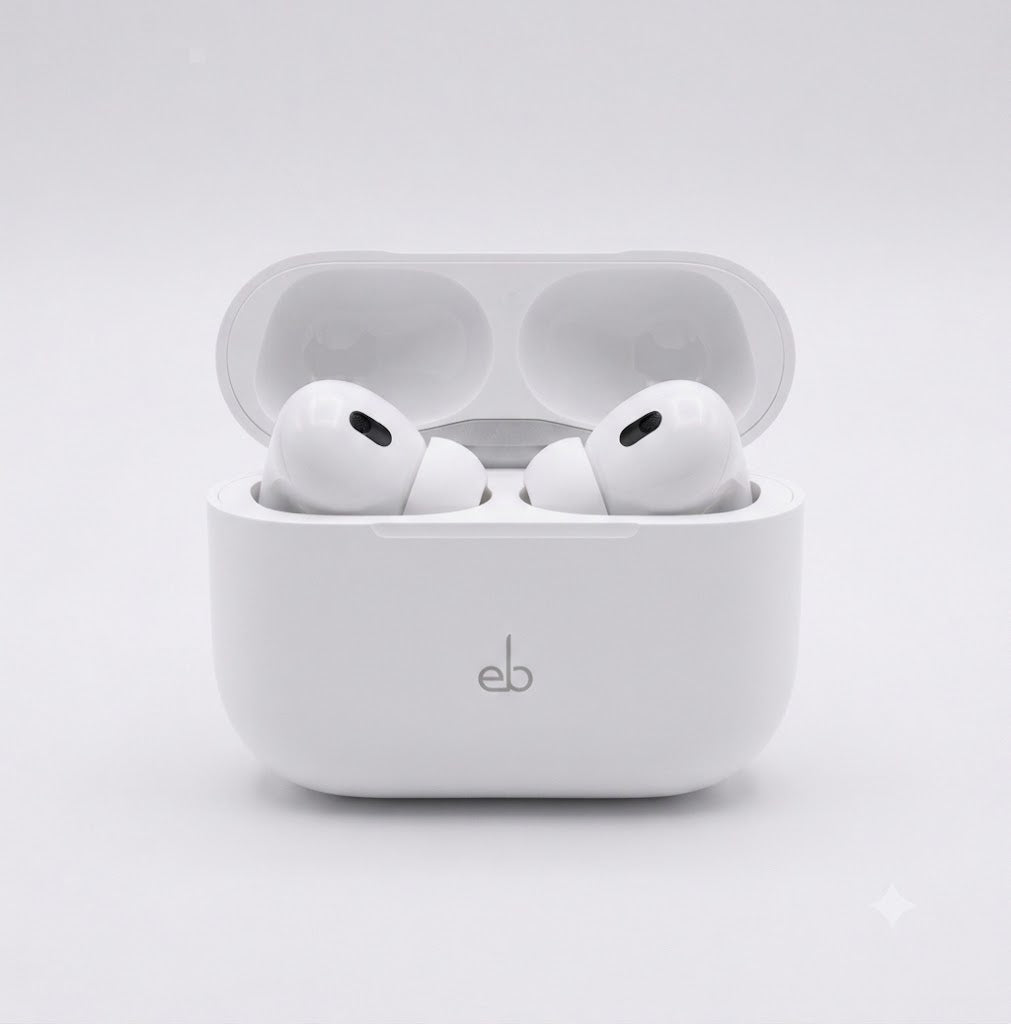 White wireless earbuds in a charging case on a light gray background