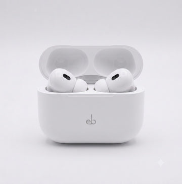 White wireless earbuds in a charging case on a light gray background
