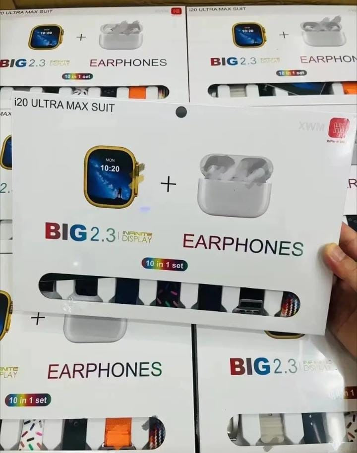 I20 Ultra Max Suit Smartwatch 10-in-1 Combo | 2.3" Large Display, 7 Color Straps + AirPods 2 | Complete Smartwatch & Earbuds Set for Men & Women