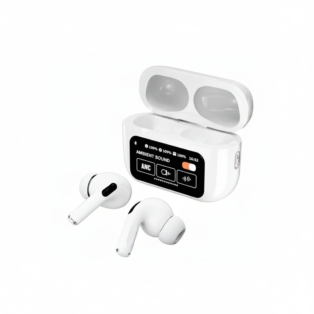 Wireless earbuds with charging case on a white background