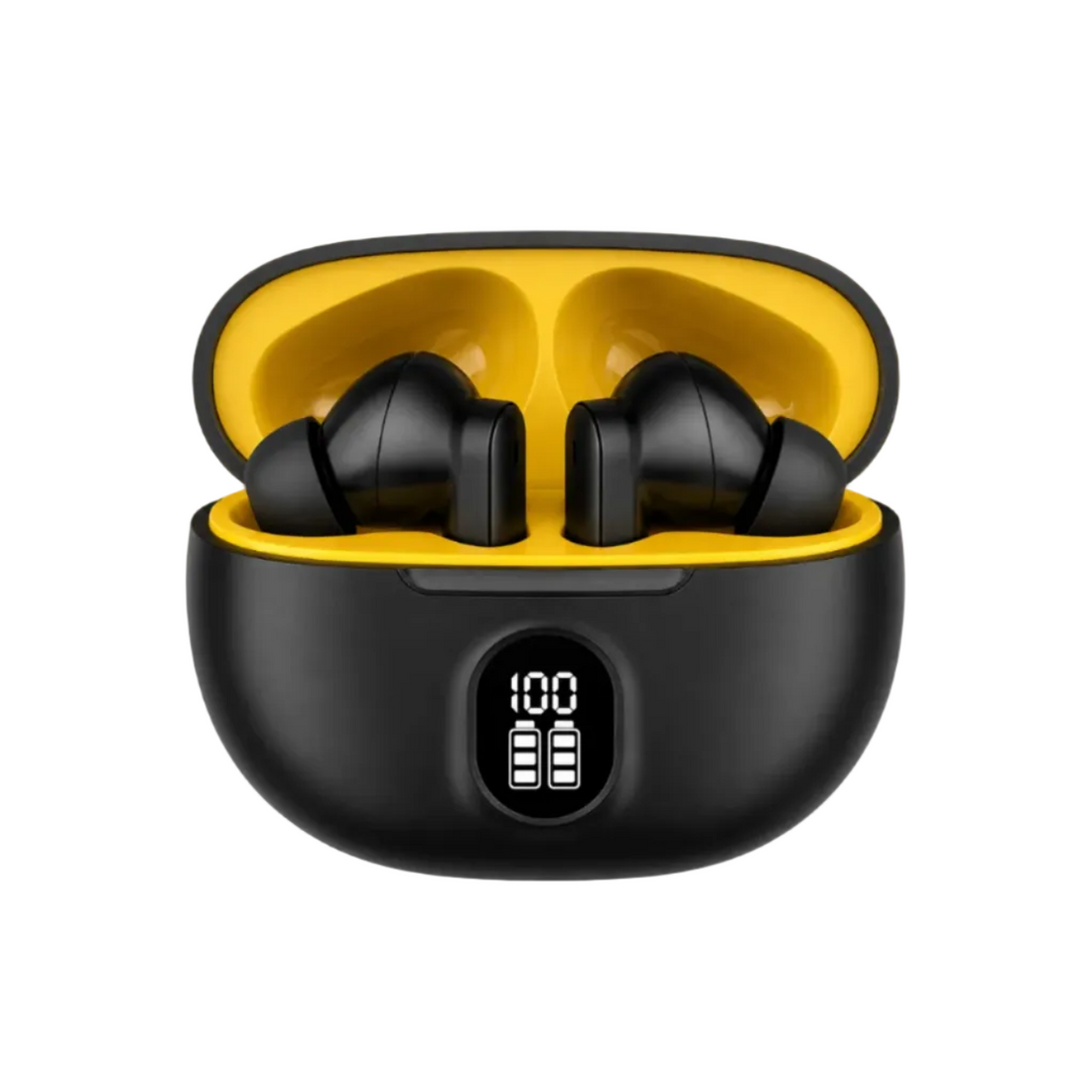 White wireless earbuds in a charging case with a digital display on a white background