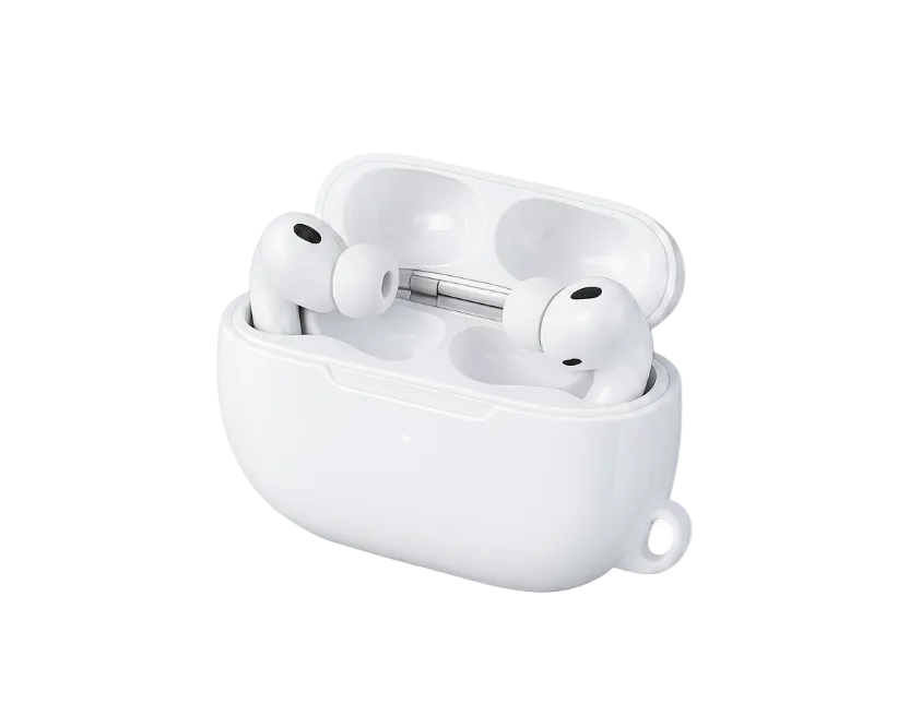 White wireless earbuds in a charging case on a light gray background
