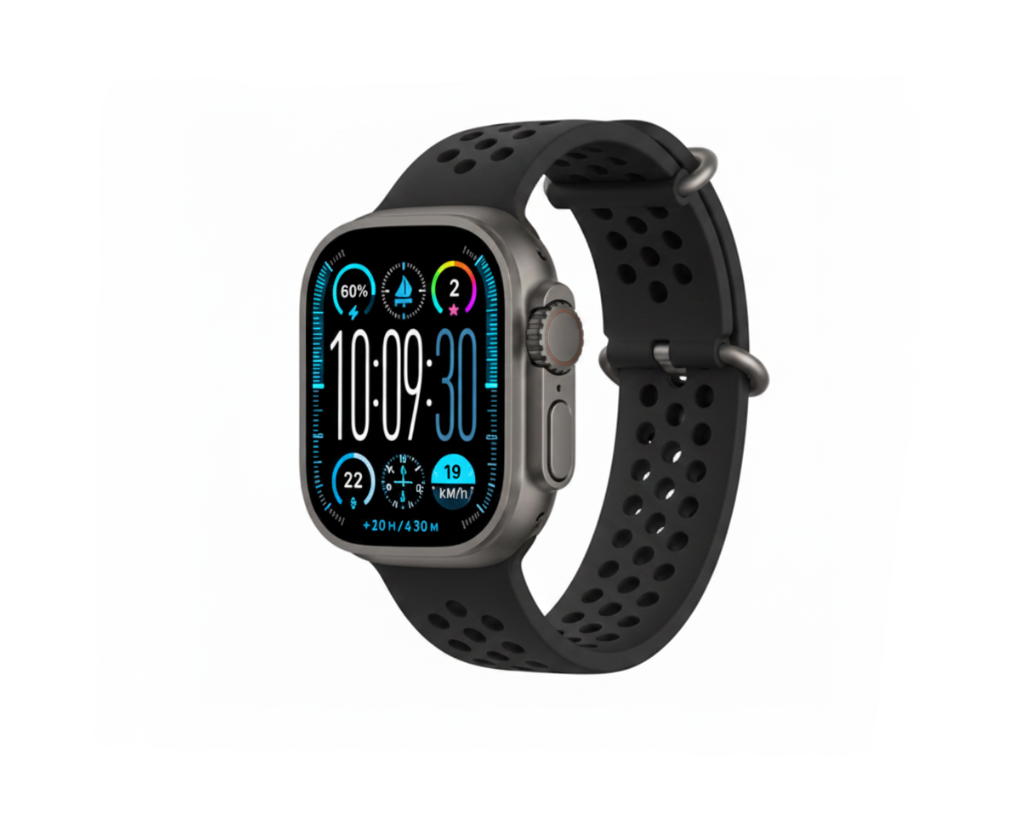 Smartwatch with a black band on a white background