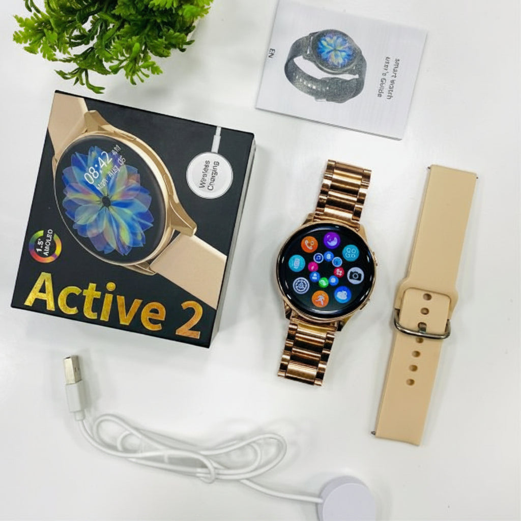 Smartwatch with gold metal band and beige leather strap next to its packaging on a white surface.