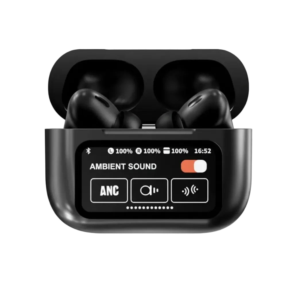 Black wireless earbuds in a charging case with display on a white background