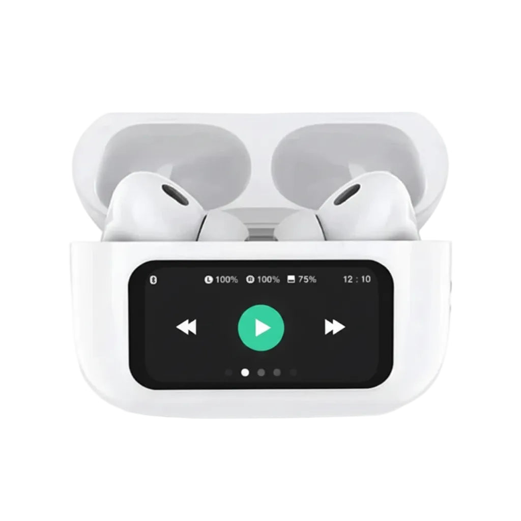 Black wireless earbuds in a charging case with display on a white background