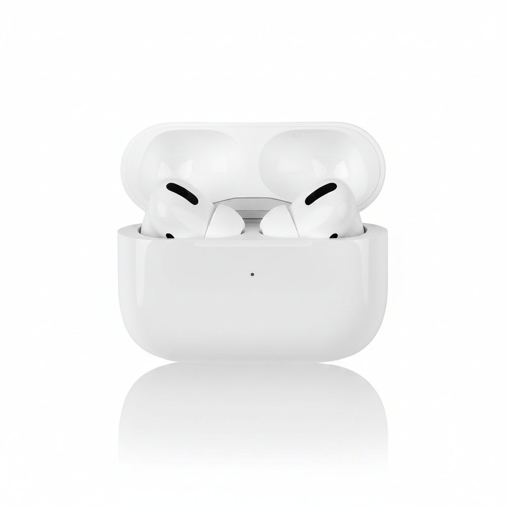 White wireless earbuds in a charging case on a white background