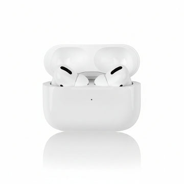 White wireless earbuds in a charging case on a white background