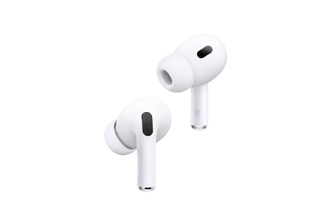 White wireless earbuds in a charging case on a white background