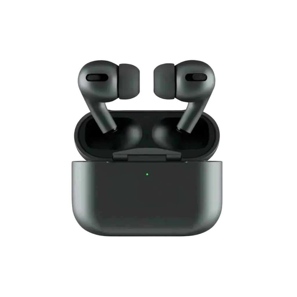 Black wireless earbuds with charging case on a white background