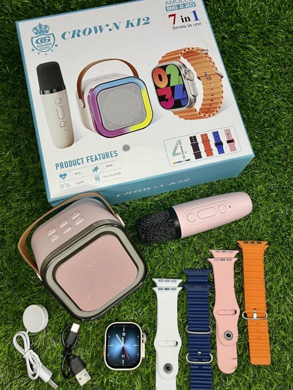 Crown K12 Smartwatch & Bluetooth Speaker Combo | 4 Interchangeable Straps + Premium Sound | Stylish & Functional All-in-One Set
