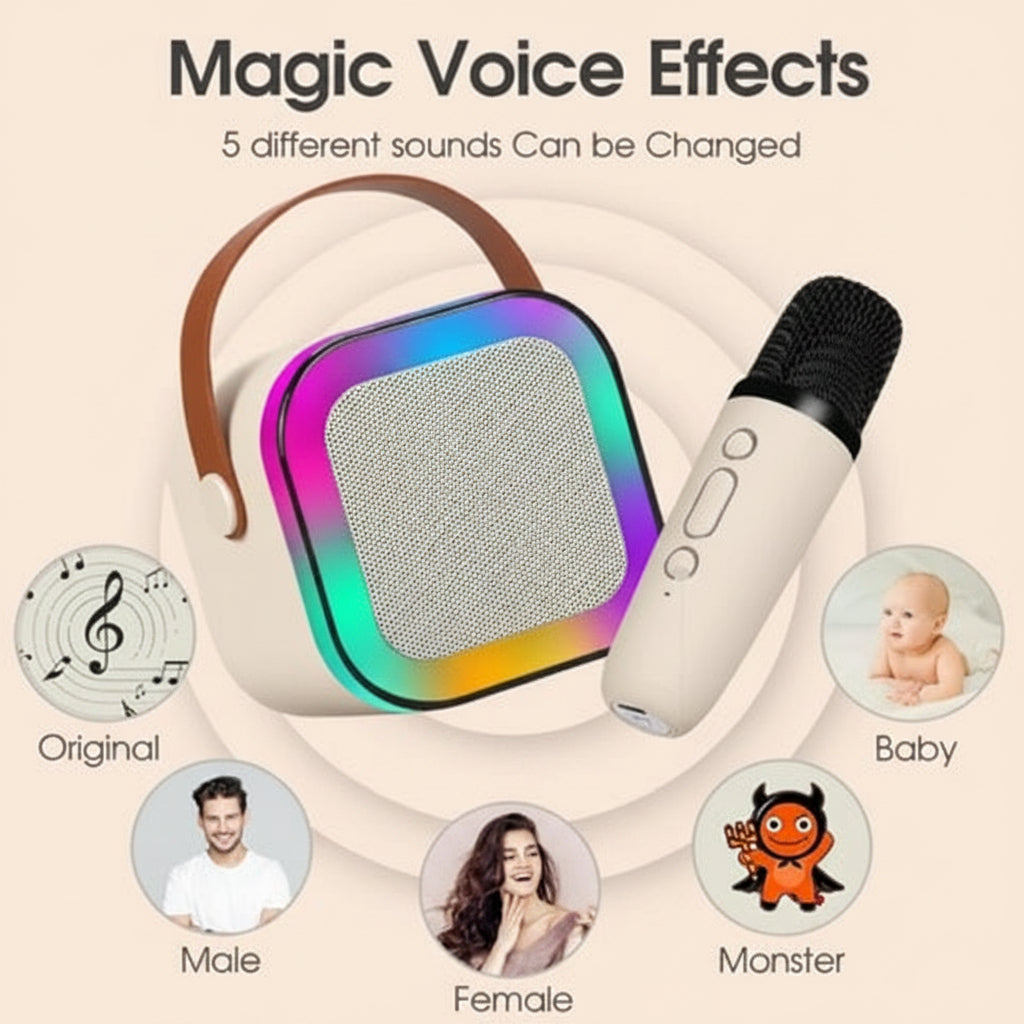 Voice changer device with microphone and colorful display, featuring different voice effects on a beige background.
