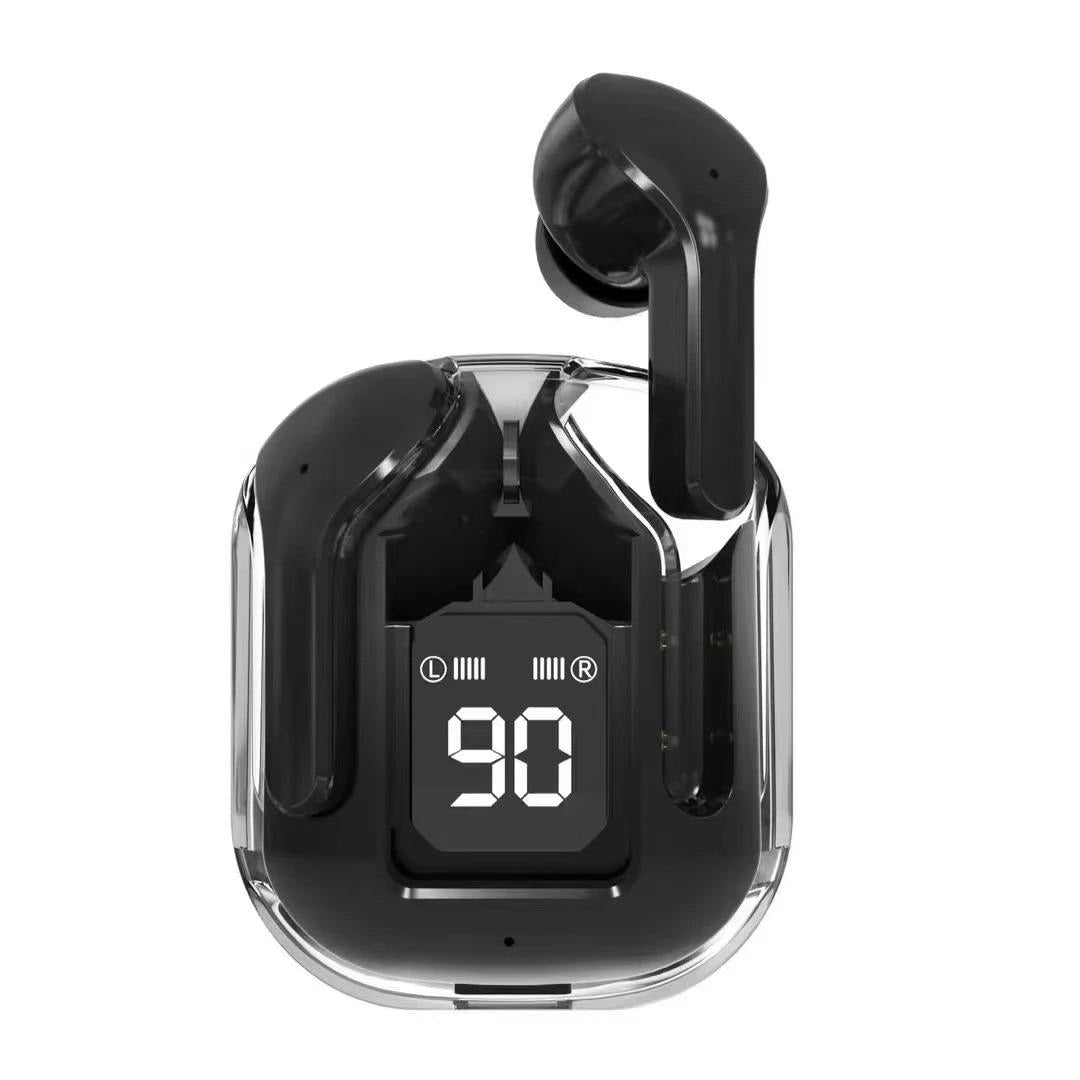 Black wireless earbuds with charging case on a white background