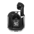 Black wireless earbuds with charging case on a white background