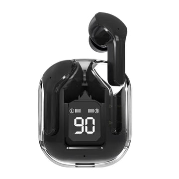 Black wireless earbuds with charging case on a white background