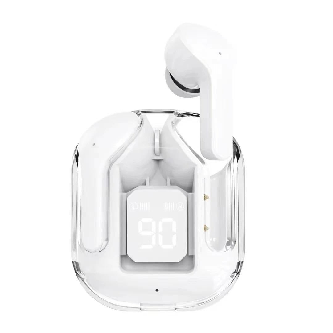 Black wireless earbuds with charging case on a white background
