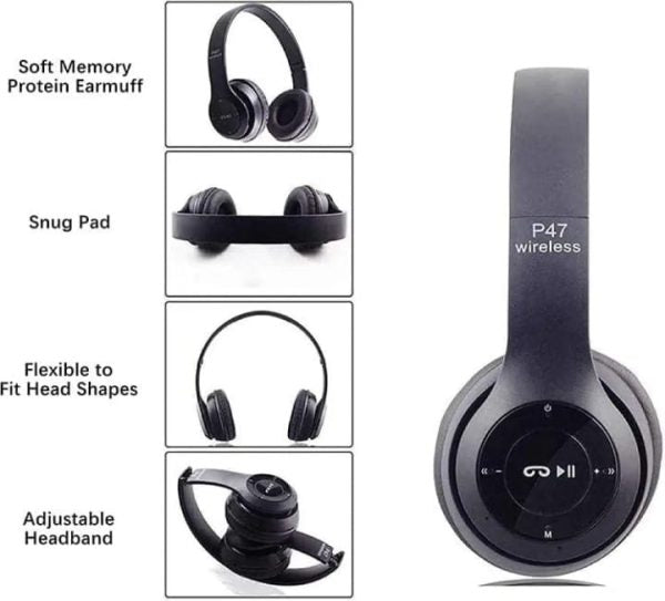 P47 Wireless Bluetooth Headphones Noise-Canceling Gaming Headset with Mic | SD Card Support | Matte Finish
