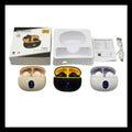 Three wireless earbuds in different colors with their packaging on a white background