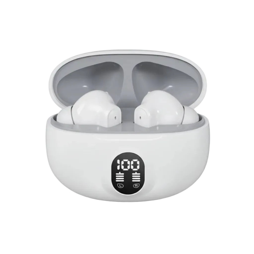 White wireless earbuds in a charging case with a digital display on a white background