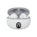 White wireless earbuds in a charging case with a digital display on a white background