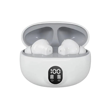 White wireless earbuds in a charging case with a digital display on a white background