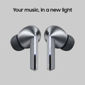 Wireless earbuds with metallic finish on a white background and text 'Your music, in a new light'.